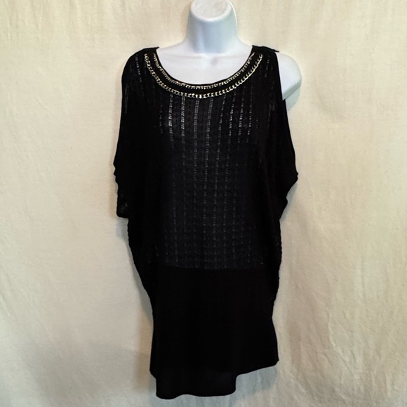 A-20 Cache Black Cold Shoulder Short Sleeve Pullover Sweater Size S - Picture 1 of 13